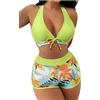 Yknktstc Costume da bagno da donna a due pezzi costumi da bagno floreale tropicale a vita alta abbigliamento da spiaggia pantaloncini da surf Halter top, Verde fluorescente, L