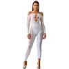 Walang Donna Sexy Glitter Rave Outfits rete da pesca a maniche lunghe stretto pezzo intero con perle artificiali luminose, taglia unica, bianco, XS-XXL