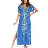 JENJON Donna Corta Manica Cover Up Caftano Floreale Ricamato Laterale Diviso Vestito da Spiaggia Abiti