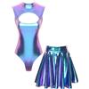 Linjinx Donna Body Brillante Senza Maniche Con Gonna Skater Metallizzata Pattinatrice Spaziale Aliena Costume Per Festival Danza Travestimento Da Discoteca Clubwear Blu S
