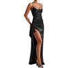 Generico Women's Ruffles Satin Prom Dress, Club Night Sexy Dress Casual Slit Cocktail, off-The-Shoulder Spaghetti Strap Long Party Evening Dresses, Solid Color Sleeveless (Black,S)