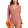 WOWENY Body da donna a maniche lunghe termico elegante con scollo a V, in micro pile con pizzo, body da donna caldo a maniche lunghe, body da donna con scollo a V, body da donna tradizionale, Colore