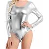 Prime fashions Body da donna a maniche lunghe, effetto bagnato, metallizzato, taglie per adulti e bambini, moderno ed elegante, Argento, S-M