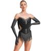 Loodgao Abito da Ballo Latino Americano Donna Pattinaggio Artistico con Nappe Strass Frange Body Danza Classica Moderna + Guanti Lunghi Leotards Costume Danza del Ventre