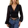 EMOTTOS Donna Camicia Top, Maglietta Maniche Lunghe Elegante Crop Top con Scollo a V e Manica a Lanterna Traslucida in Chiffon Y2K, Camicetta con Bottoni Decorativi, Nero, S-L
