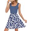 WNEEDU Abiti Estivi Senza Maniche Donna Floreale Abito Swing in Linea A Vacanza Mini-Abito Colore Patchwork con Scollo a U e Tasche