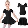Kefiyis - Body da danza per ragazze a maniche corte con gonna in chiffon rimovibile, abito da ballerina in cotone per danza, per età 3-11 anni, Nero , 120