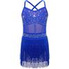 inhzoy Vestito da Ballo Bambina Latino Americano Tango con Nappe Strass Abito da Pattinaggio Artistico con Frange Body Ginnastica Artistica Costume Danza Samba Rubma Salsa Blu Reale 9-10 Anni