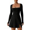 HSAJS Vestito Donna Sexy Maniche Lunghe Elegante Mini Abito da Sera Vestito Corto Scollo Quadrato Aderente Nero Vestiti Bodycon da Festa Dress de Discoteca Cocktail Party