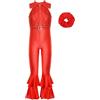 Moggemol Bambina Costume Da Ballo Anni 70 80 Glitter Jumpsuit Disco Pantaloni A Zampa Elastico Per Capelli Abito Da Spettacolo E Festa Rosso 13-14 anni