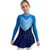 Linjinx Vestito da Pattinaggio Artistico per Bambina Body Ballet Manica Lunga Dettagli con Pietre Scintillanti Costume Gara Pattinaggio per Esibizioni Anni Blu 5-6 Anni