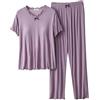 Generic Pigiama Donna Estivo Cotone Manica Corta Lungo da Donna Set 2 Set Coordinato Top a Maniche Corte e Pantaloni con Sottoveste Donna Pigiama Cotone Leggero Donna (Purple, XXL)