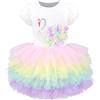 Sunny Fashion Vestito Bambina Arcobaleno Cigno 3D Puff Tulle Livello Principessa Festa di Compleanno 6 Anni