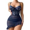 QKEPCY Lingerie Donna Sexy Steel Ring Pigiama Intimo in Rete Trasparente con Scollo a V Perizoma Abito da Notte Erotico per Adulti in Pizzo e Pigiami （Blu-4）