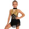 Moggemol Abito Danza Latino Americano Bambina Vestito Ballo Latino Bambina Pettini Abito da Ballo Americano Tango Vestito da Danza Latina Oro 9-10 Anni