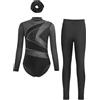 Miutii Body da ginnastica da bambina, a maniche lunghe, con brillantini, con pantaloni, fascia per capelli, pattinaggio artistico, body sportivo, Nero , 134 cm-140 cm