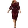 Minetom Donna Vestiti Elegante Manica Lunga Paillettes Vestito da Cerimonia Cocktail Abito da Sera Partito Abiti al Ginocchio A Vino Rosso L