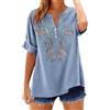 Generic Top ricamato da donna a maniche corte boho in lino camicie con scollo a V top tunica top vestibilità ampia leggera top vacanze magliette eleganti camicette casual abiti primavera estate, B-light blue