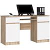 AKORD Scrivania A5 Con Ripiano per Tastiera | Office Desk | 2 Cassetti e 2 Ripiani ad Anta | Scrittoio per Ufficio | Per Computer PC Laptop | L135 x H77 x P50 cm, 58 kg | Rovere Sonoma/Bianco
