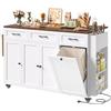FirFurd Isola Cucina Con Presa Integrata e Ruote 135x60x88cm Bianco | Carrello Cucina con Piano Pieghevole e Portacoltelli,Penisola Cucina con Spazio per Bidone,3 Cassetti e 4 Scomparti con Ante