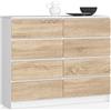 AKORD Cassettiera K-120 con 8 (2x4) Cassetti | Moderna Mobiletto per Soggiorno Sala da Pranzo Camera da Letto Corridoio Bagno | Armadio Cameretta | 120x99x40 cm 65 kg | Bianco + Rovere Sonoma Anteriore