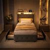 QMTXBYJ Letto imbottito 90x200 con 2 cassetti, Letto singolo con contenitore 90x200, testiera LED con funzione di ricarica USB, Struttura letto Singoli con rete a doghe per Ragazzi, senza Materasso
