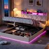CXHLXYR Letto Matrimoniale con Contenitore 160x200 cm,Letto Imbottito 160x200 con LED e USB,letto contenitore con ripiani aperti e portaoggetti nascosto in testiera,Letto Baule con doghe in legno,lino