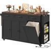 FirFurd Isola Cucina Con Presa Integrata e Ruote 135x60x88cm Nero | Carrello Cucina con Piano Pieghevole e Portacoltelli,Penisola Cucina con Spazio per Bidone,3 Cassetti e 4 Scomparti con Ante