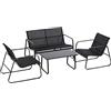 FRANKYSTAR Sakura - Salottino da giardino di design con divanetto + 2 poltrone + tavolino da caffè con ripiano in vetro. Set lounge da esterno 4 pezzi in metallo e textilene. Nero.