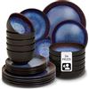 tectake® Set stoviglie 24 pezzi terracotta, servizio piatti 6 persone, set piatti moderni grandi, piccoli, fondi, ciotole, gres smaltato, design moderno, adatto lavastoviglie microonde - Blu/Marrone