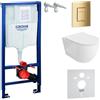 LAVITA Elemento da parete Solido + parete sospesa WC Sinto Grande, bianco, senza bordi e sedile WC SoftClose, pulsante dorato, set completo, cassetta di risciacquo da incasso, set completo