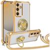 Knrlqim Cover per Samsung Galaxy S24 FE con Cordino,Custodia con Laccio Collana Tracolla Collo Silicone TPU Antiurto Case Custodia con Cuore Doppio Anello,Donne Placcato Protettivo Chiaro,Oro