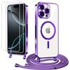 Coiwxmoi Magnetica Cover con Cordino per iPhone 15 Pro Max 6,7 con 2 Vetro Temperato, Trasparente Sottile Silicone Custodia con Laccio Regolabile Antiurto Protettiva Cover per iPhone 15 Pro Max, Viola