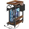 HOOBRO Supporto per Computer e Stampante con Prese di Ricarica, Ruote e Altezza Regolabile, Mobiletto con 2 Ganci e Tasca in Tessuto, per Soggiorno e Ufficio, Marrone Vintage e Nero EBF02CZJ01