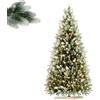 LILIIN Albero di Natale artificiale di alta qualità, 150 cm, con rivestimento in neve artificiale su punte, verde PVC + PE, albero di Natale con sistema pieghevole, supporto in legno, con luci