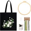 JSRQT Kit da Ricamo per Borsa in Tela per Principianti Adulti, Kit per Punto Croce Stampato con Motivo a Rosa Bianca, Borsa da Ricamo Fatta a Mano Artigianato con Cerchio, Aghi e Fili, Nero