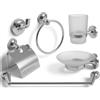 Topolenashop Set Accessori Bagno 6 Pezzi Cromati con Vetro Satinato - Porta Rotolo, Porta Asciugamani, Porta Sapone, Portaspazzolini, Gancio, Kit Bagno Moderno da Parete | 69984