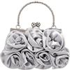 DODAMOUR Pochette in raso con rose 3D, borsa floreale in raso con manico in rilievo e tracolla a catena, elegante borsa convertibile da sera per matrimoni, gala o eventi formali (argento)