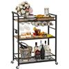 YAUKTAK Carrello Cucina con Ruote Carrello da Servizio con Portabottiglie e Supporti per Bicchieri Carrello Portaoggetti a 3 Ripiani per Bar Casa Cucina Marrone Rustico GBC507R