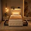 QMTXBYJ Letto imbottito 90x200 con 2 cassetti, Letto singolo con contenitore 90x200, testiera LED con funzione di ricarica USB, Struttura letto Singoli con rete a doghe per Ragazzi, senza Materasso