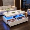 BIYFSDS Tavolino moderno con LED, tavolo da soggiorno lucido con 2 cassetti e ripiano aperto, tavolo centrale rettangolare con 3 aperture di stoccaggio, piano ad alta lucentezza (bianco-1, 104x53x46)