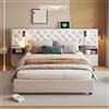 KEFSR Letto Matrimoniale 160x200cm in Velluto Bianco Avorio con Caricatore USB e Lampada da Comodino, Testata Imbottita, Senza Materasso (Bianco Avorio-A, 160x200cm)