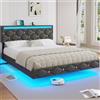 DICTAC Letto 160 x 200 cm, con illuminazione a LED e stazione di ricarica USB, moderno letto matrimoniale 160 x 200 cm, con rete a doghe e testiera alta, struttura del letto in grigio scuro e tessuto