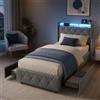 HOOGDLJ Letto singolo imbottito, 90 x 200 cm, con LED e USB, letto per bambini con 2 cassetti, testiera con rete a doghe, in velluto, senza materasso (grigio-F)