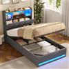 AOGLLATI Letto Singolo con Contenitore 90x200 cm con Sollevamento Idraulico | Struttura Letto Singolo con Illuminazione a LED e Stazione di Ricarica, Letto Imbottito con Tasche Laterali Lino Grigio