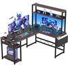 Devoko Scrivania Gaming con LED, 155 x 100 cm Scrivania con Ripiano Reversibile, Scrivania ad L con 2 Prese e 2 Porte USB, Scrivania Gaming con Scomparti e Spazio di Archiviazione, Nero