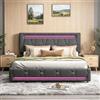 JiaOyu Letto matrimoniale imbottito 160 x 200 cm con illuminazione a LED e USB, letto per ragazzi imbottito con testiera regolabile in altezza e 4 cassetti, struttura del letto con rete a doghe (grigio+lino