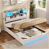 AOGLLATI Letto Contenitore Matrimoniale 140x190 con Sollevamento Idraulico | Struttura Letto Matrimoniale con Illuminazione a LED e Stazione di Ricarica, Letto Imbottito con Tasche Laterali Lino Beige
