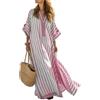 Generico Abito Lungo Donna Estivo in Cotone e Lino, Vestito Maxi Boho Chic con Scollo a V e Maniche 3/4, Abito Caftano Leggero e Traspirante con Tasche, Ideale per Mare Spiaggia e Vacanze