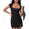 KOEMCY Vestito Donna Sexy Colletto Quadrato Spacco Mini Abito Aderente Bodycon Corto Vestito per Feste Club Ccocktail Discoteca (Nero/L)